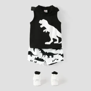 2pcs Baby Boy Dinosaur Print Sleeveless Hoodie and Shorts Set