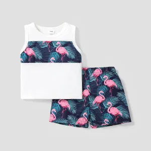 2pcs Baby Boy Flamingo Plant Print Tank Top and Shorts Set #1041409