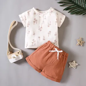 2pcs Baby Boy Front Buttons Allover Floral Print Short-sleeve Top and 100% Cotton Solid Shorts Set #1042496