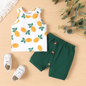 2pcs Baby Boy Fruit Print Tank Top and Oblique Button Shorts Set #1036391