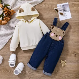 2pcs Baby Boy/Girl 100% Cotton Bear Embroidered Denim Overalls Solid Long-sleeve 3D Ears Hoodie Set #208741