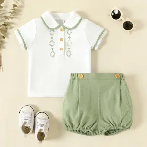 2pcs Baby Boy/Girl 100% Cotton Solid Shorts and Embroidered Short-sleeve Polo Shirt Set #847590