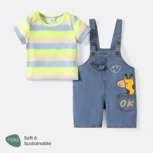 2pcs Baby Boy/Girl 95% Cotton Giraffe Graphic Denim Overalls Shorts and Short-sleeve Striped Naiaâ¢ Tee Set