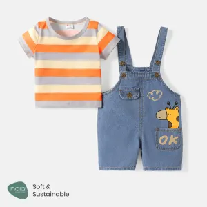 2pcs Baby Boy/Girl 95% Cotton Giraffe Graphic Denim Overalls Shorts and Short-sleeve Striped Naiaâ¢ Tee Set #784691