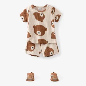 2pcs Baby Boy/Girl Ribbed Short-sleeve All Over Cartoon Bear Print Top and Shorts Set