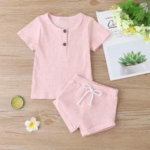 2pcs Baby Boy/Girl 95% Cotton Ribbed Short-sleeve Button Up Top and Shorts Set