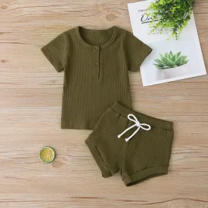 2pcs Baby Boy/Girl 95% Cotton Ribbed Short-sleeve Button Up Top and Shorts Set #189141