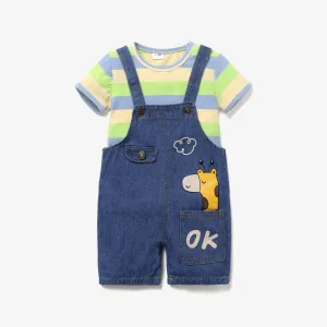 2pcs Baby Boy/Girl 95% Cotton Short-sleeve Striped Tee and Cartoon Giraffe Print Denim Overalls Shorts Set #783632