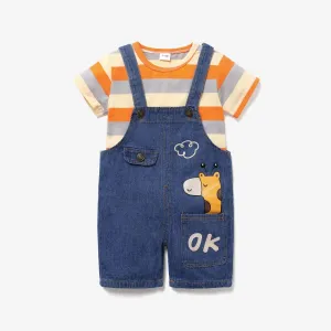 2pcs Baby Boy/Girl 95% Cotton Short-sleeve Striped Tee and Cartoon Giraffe Print Denim Overalls Shorts Set #783634