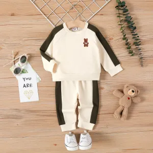 2pcs Baby Boy/Girl Bear Embroidered Long-sleeve Colorblock Sweatshirt and Sweatpants Set #807334
