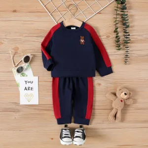 2pcs Baby Boy/Girl Bear Embroidered Long-sleeve Colorblock Sweatshirt and Sweatpants Set #807342