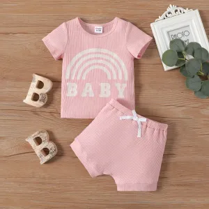 2pcs Baby Boy/Girl Cotton Letters Print Ribbed Short-sleeve Tee and Cotton Shorts Set #1033703