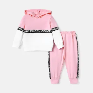 2pcs Baby Boy/Girl Cotton Long-sleeve Letter Design Colorblock Hoodie and Sweatpants Set #235649