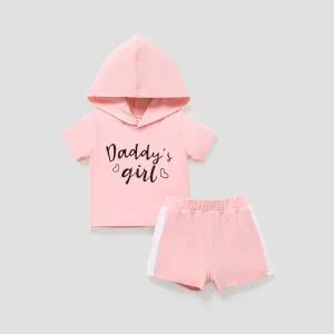 2pcs Baby Boy/Girl Letter Print Hooded Short-sleeve Top & Shorts Set #778430