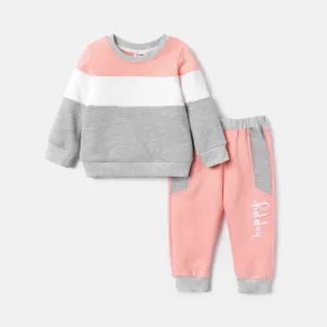 2pcs Baby Boy/Girl Long-sleeve Colorblock Sweatshirt and Letter Print Sweatpants Set #219920