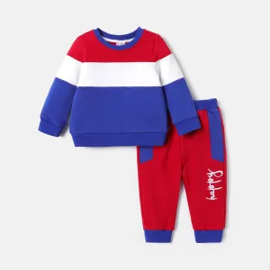 2pcs Baby Boy/Girl Long-sleeve Colorblock Sweatshirt and Letter Print Sweatpants Set #219926
