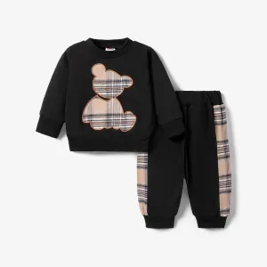 2pcs Baby Boy/Girl Long-sleeve Plaid Print Bear Embroidered Sweatshirt and Sweatpants Set #210784