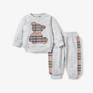 2pcs Baby Boy/Girl Long-sleeve Plaid Print Bear Embroidered Sweatshirt and Sweatpants Set #210788