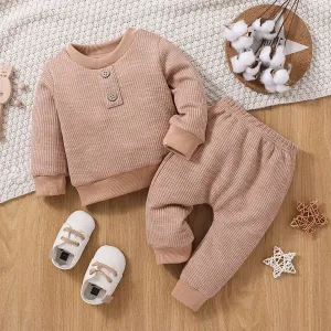 2pcs Baby Boy/Girl Long-sleeve Solid Rib Knit Pullover and Pants Set #1119364