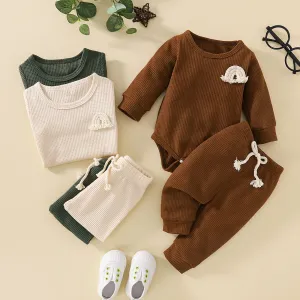 2pcs Baby Boy/Girl Rainbow Design Solid Waffle Long-sleeve Romper and Trousers Set #197104