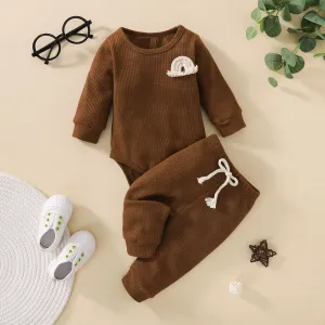 2pcs Baby Boy/Girl Rainbow Design Solid Waffle Long-sleeve Romper and Trousers Set