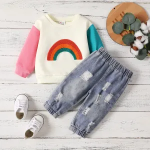2pcs Baby Boy/Girl Rainbow Embroidery Long-sleeve Top and 100% Cotton Ripped Denim  Jeans Set #1050880