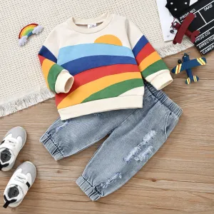 2pcs Baby Boy/Girl Rainbow Long-sleeve Sweatshirt and 100% Cotton Denim Ripped Jeans Set #783800