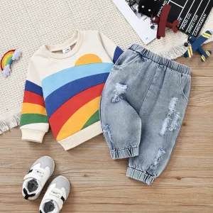 2pcs Baby Boy/Girl Rainbow Long-sleeve Sweatshirt and 100% Cotton Denim Ripped Jeans Set