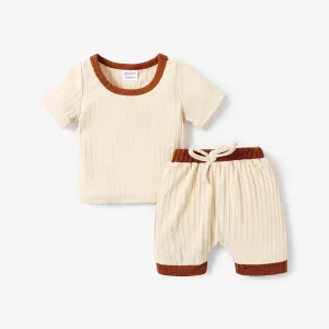 2pcs Baby Boy/Girl Solid Ribbed Short-sleeve Tee and Shorts Set #970907