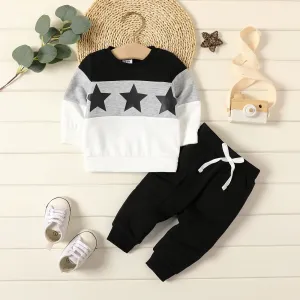2pcs Baby Boy/Girl Star Print Long-sleeve Colorblock Sweatshirt and Solid Sweatpants Set