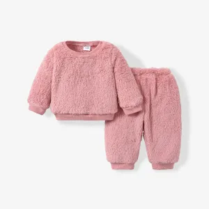 2pcs Baby Boy/Girl Thermal Fuzzy Long-sleeve Pullover and Pants Set #212826