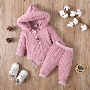 2pcs Baby Boy/Girl White Imitation Knitting Textured Spliced Faux Fur Hooded Long-sleeve Romper and Pants Set