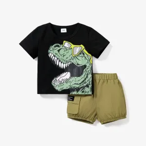 2pcs Baby Boy Glasses Dinosaur Print Short-sleeve Tee and Cargo Shorts Set #720386