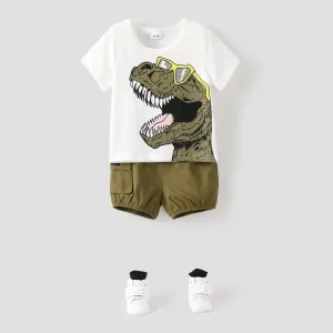 2pcs Baby Boy Glasses Dinosaur Print Short-sleeve Tee and Cargo Shorts Set #720429
