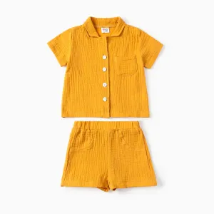 2pcs Baby Boy Lapel Design Summer Yellow Cotton Casual Short Sleeve and Shorts Set