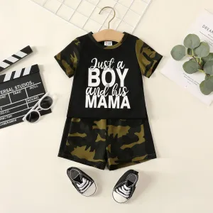 2pcs Baby Boy Letter Print Camouflage Short-sleeve Tee and Camouflage Shorts Set #1033285