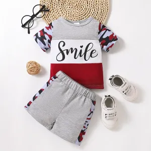 2pcs Baby Boy Letter Print Colorblock Camouflage Splice Short-sleeve Top and Shorts Set #1033172