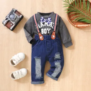 2pcs Baby Boy Letters Graphic Bow Decor Long-sleeve Top and 98% Cotton Ripped Denim Overalls Set #1054599