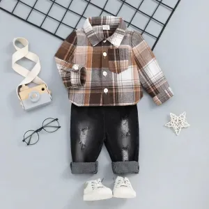 2pcs Baby Boy Long-sleeve Button Up Plaid Shirt and Ripped Jeans Set #205312