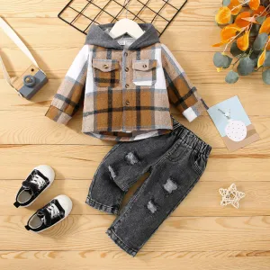2pcs Baby Boy Long-sleeve Hooded Plaid Jacket and Ripped Jeans Set #210950