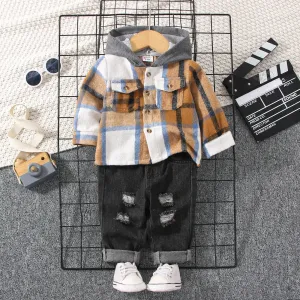 2pcs Baby Boy Long-sleeve Hooded Plaid Jacket and Ripped Jeans Set #223158