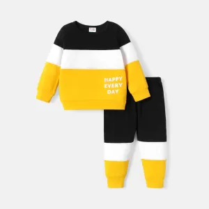 2pcs Baby Boy Long-sleeve Letter Print Colorblock Sweatshirt & Sweatpants Set #220041