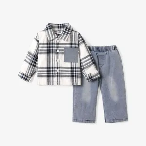 2pcs Baby Boy Patch Pocket Long-sleeve Plaid Shirt and Denim  Jeans Set #1053403