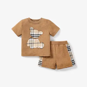 2pcs Baby Boy Plaid Bear Graphic Short-sleeve Tee & Shorts Set #1044190