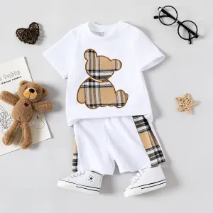 2pcs Baby Boy Plaid Bear Graphic Short-sleeve Tee & Shorts Set #229864