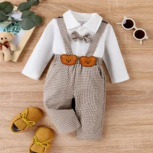 2pcs Baby Boy Plaid Bow Tie Long-sleeve Shirt and Bear Embroidery Plaid Suspender Pants Set #1052905