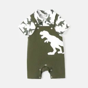 2pcs Baby Boy Short-sleeve Allover Dinosaur Print Shirt and Overalls Shorts Set #220094