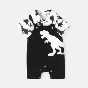 2pcs Baby Boy Short-sleeve Allover Dinosaur Print Shirt and Overalls Shorts Set #220095