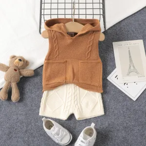 2pcs Baby Boy Solid Cable Knit Hooded Tank Top and Shorts Set #1041188