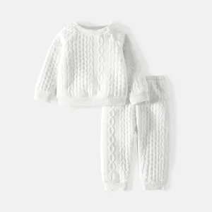 2pcs Baby Boy Solid Color Cable Knit Textured Long-sleeve Sweatshirt and Elasticized Pants Set #218555